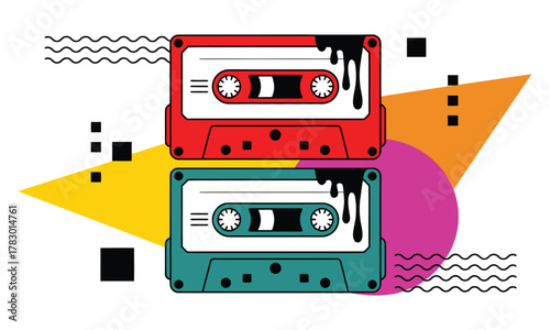 Retro cassette tape illustration with colorful geometric shapes and vintage music design 
