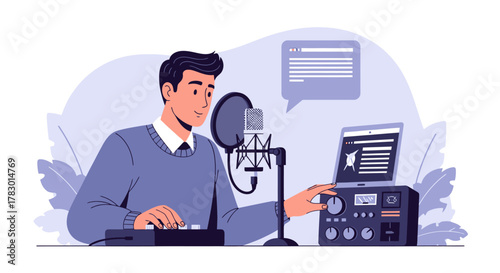 Man creating audio content with microphone and sound equipment in a studio