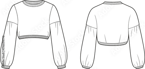 PrintFashion technical flat sketch of women’s cropped sweatshirt, long puff sleeves, ribbed cuffs and hem, apparel design template illustration.
