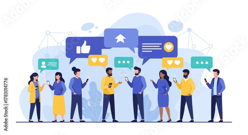 Social media network communication, users interacting with mobile devices, sharing information and opinions online