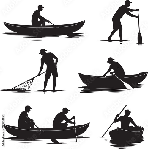 Canoe and rowing silhouettes showing different water activities in black