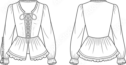 PrintFashionable long sleeve peplum blouse with lace up front detail, ruffle neckline and cuffs, vector flat drawing apparel design illustration