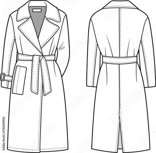 PrintFashionable trench coat technical flat sketch, stylish long overcoat design with belt, sleeve strap, lapel collar, front and back view illustration
