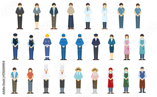 フラットイラスト：お辞儀をするざまざまな職業の人々