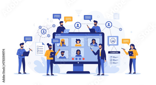 Diverse team collaborating virtually through a video conference platform for online meetings and remote work