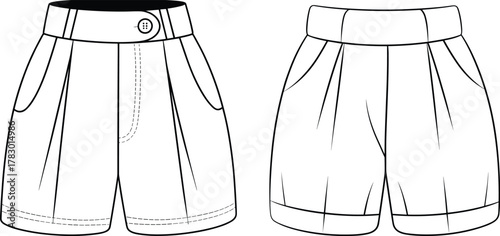 PrintFashionable women shorts technical flat sketch, stylish pleated shorts with waistband and pockets, summer apparel design illustration for clothing brands