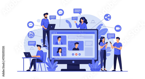 Illustration of people communicating via a video conference on a large computer screen, surrounded by digital icons and network connections, symbolizing remote collaboration and digital communication