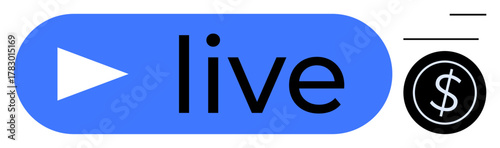 Blue button with play icon, live text, dollar sign in a coin suggesting live streaming and monetization. Ideal for broadcasting, content creation, revenue, social media, video, online marketing
