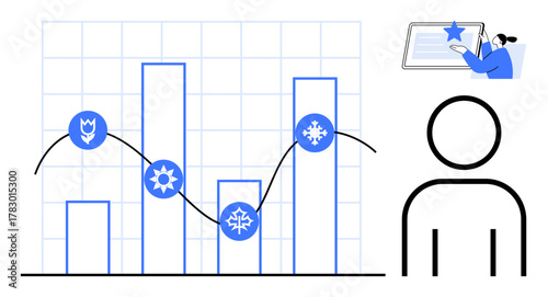 Graph with bar chart and season icons, user accessing data on a screen, person symbol. Ideal for analytics, business, seasons, UI design, research education data insights. Simple flat metaphor