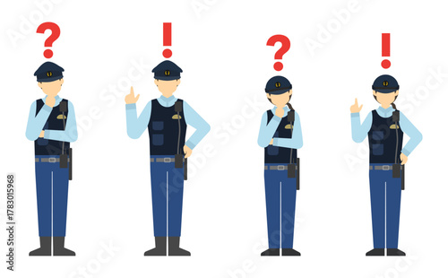 フラットイラスト：ひらめく警察官と考える警察官