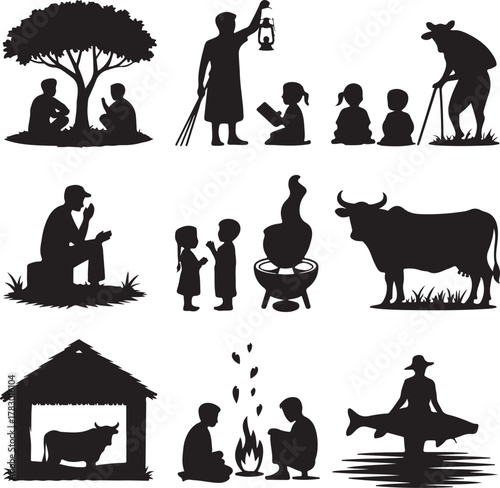 Rural Life and Traditions Illustrated with Silhouettes in Black and White