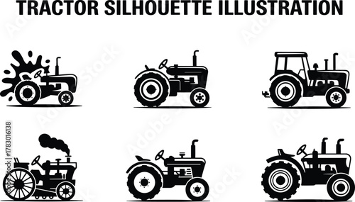 Tractor silhouette illustration set, vintage and modern farm vehicles, black agricultural icons, rural machinery graphics, farming equipment design pack
