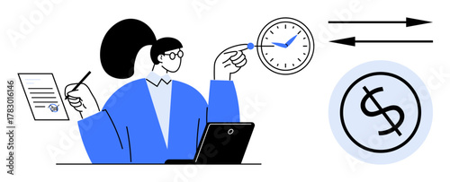 Woman with clock, dollar sign, document, laptop, arrows. Ideal for productivity, time management, finance workflow planning scheduling business operations. Simple flat metaphor