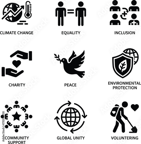 A collection of nine black and white icons representing various social and environmental issues and positive actions like climate change, equality, charity, and volunteering.