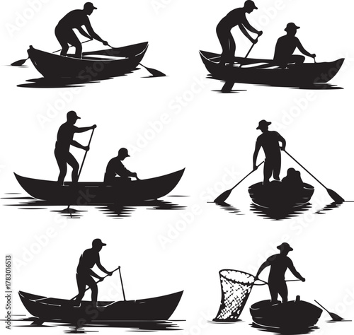 Silhouette collection of men in boats rowing and fishing
