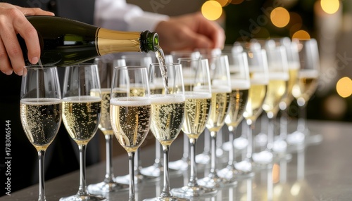 Professional bartender expertly pours sparkling champagne into elegant flutes, creating a festive atmosphere for celebration