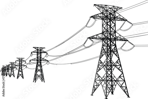 Transmission tower illustration, power line infrastructure, electrical grid, energy distribution, lattice pylon design, engineering concept, utility network art