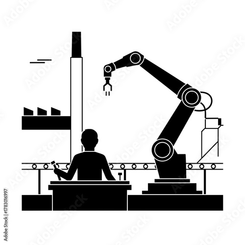 Illustration of a factory worker and robotic arm working together in a black and white style