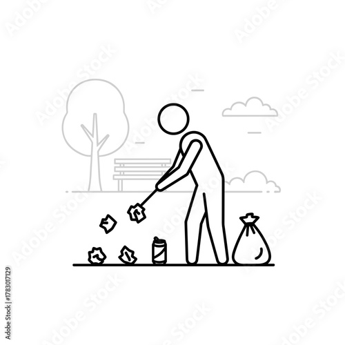 Person picking up litter in a park, minimalistic line art illustration, on a transparent background
