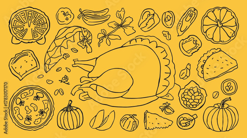 An illustrated outline of various food items, including a cooked turkey, pizza, pumpkin, and slices of lemon, arranged on a vibrant yellow background.