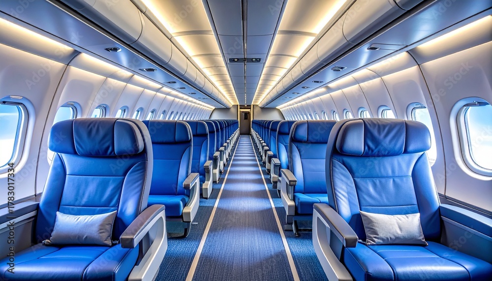 Obraz premium Airplane Interior with Blue Seats and Pillows, Cabin View