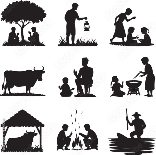 Silhouette Illustrations of People Activities and Rural Life in Black