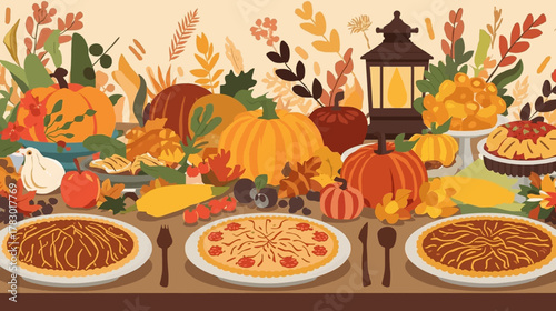 A beautifully illustrated Thanksgiving table is set with pumpkins, pies, and autumn foliage, creating a warm and inviting holiday scene for feasting.