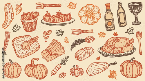 A charming hand-drawn illustration showcases various Thanksgiving elements, including pumpkins, roasted turkey, and festive food items, perfect for holiday designs.