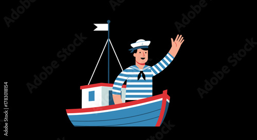 Friendly cartoon sailor in a small blue boat happily waving his hand, greeting travelers with a warm welcome