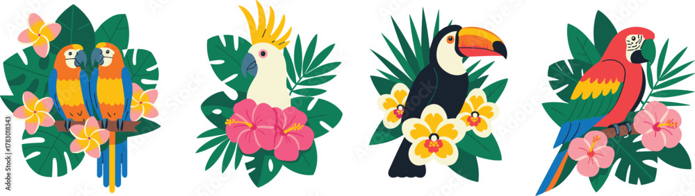 Fototapeta premium Tropical birds, exotic parrots, cockatoo, toucan, vibrant foliage, jungle flowers, nature illustration, wildlife art, rainforest theme, colorful bird design