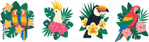 Tropical birds, exotic parrots, cockatoo, toucan, vibrant foliage, jungle flowers, nature illustration, wildlife art, rainforest theme, colorful bird design