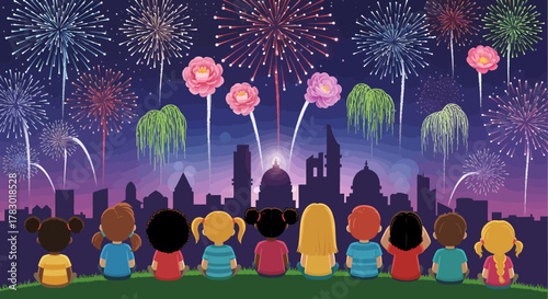 Joyful Kids Gaze at Dazzling Fireworks Exploding Above a Vibrant City at Night