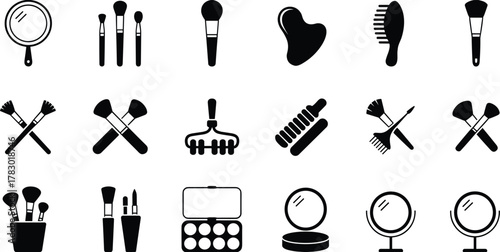 WebMakeup tool silhouettes, beauty accessories, black vector icons, brushes, mirrors, sponges, combs, palette, cosmetic items, grooming tools, minimal style, white background