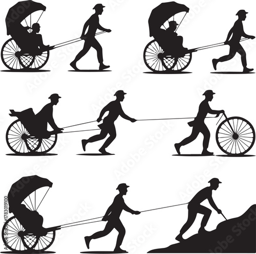 Silhouetted Figures Pulling Rickshaws in Varied Terrains and Postures Collection