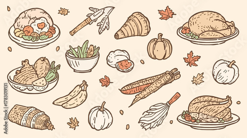 A delightful autumnal illustration showcases a bountiful Thanksgiving feast, featuring roasted turkey, fresh produce, and seasonal decorations, perfect for holiday celebrations.