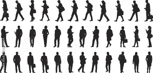 Urban lifestyle silhouettes, diverse people walking, mobile phone usage, business attire, modern behavior, minimal design, black and white illustration