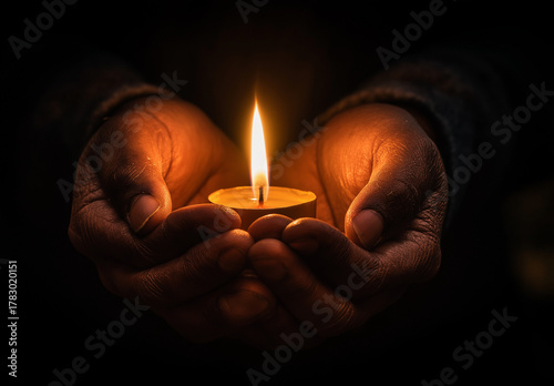 Warm hands gently holding a bright candle flame, radiating hope and peace in the darkness, creating a sense of comfort and serene tranquility