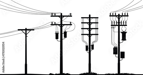 Utility pole silhouette set, electrical infrastructure icons, transformer and wire vector, power distribution design, black engineering shapes