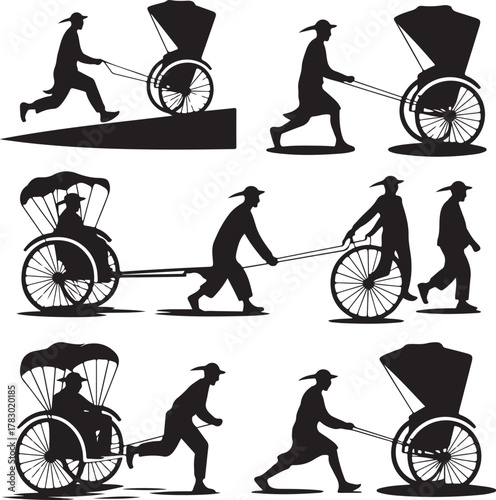 Silhouetted rickshaw pullers in action showcasing transportation and cultural elements
