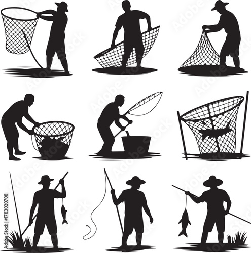 Silhouettes of Fishermen using Nets and Fishing Rods Vector Illustration