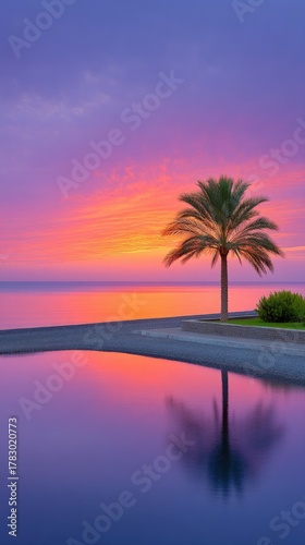 Vibrant Sunset Over Calm Sea With Single Tree Reflecting In The Water Purple Sky Orange Clouds And Stone Shoreline