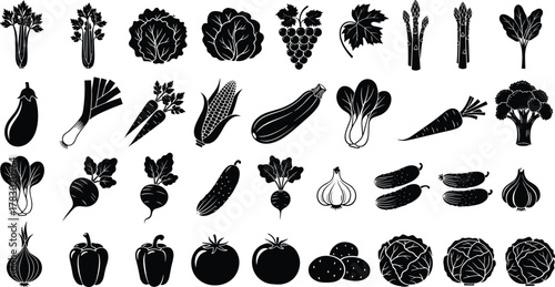 Vegetable and fruit silhouettes, black vector icons, healthy food shapes, organic produce set, kitchen design, culinary art collection
