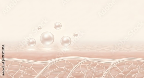 Close up of skin layers with glowing serum droplets and bubbles