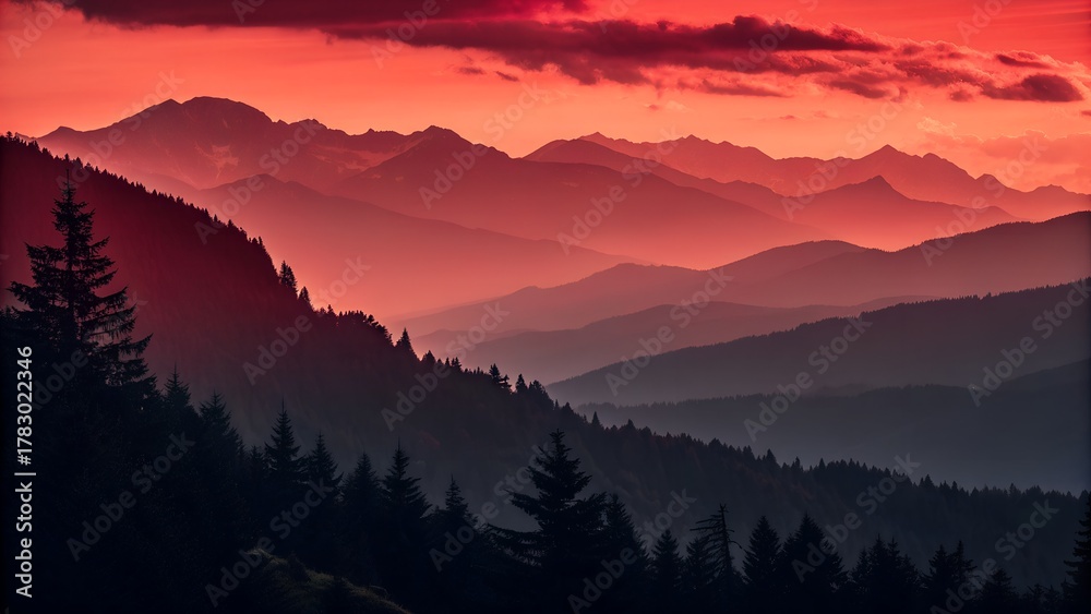 Obraz premium Layered Mountain Ranges at Sunset with Pine Silhouettes – Warm Gradient Sky, Atmospheric Depth, Tranquil Landscape Scene, Conceptual