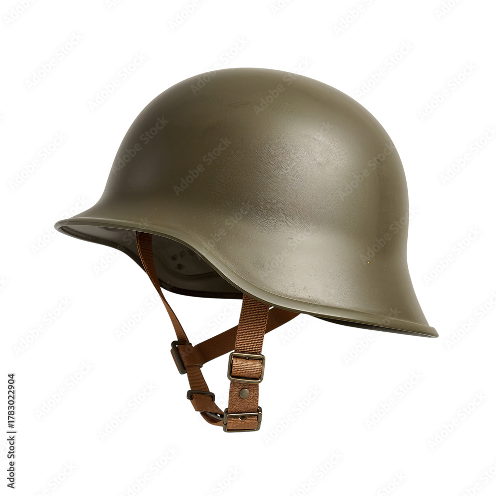 Fototapeta premium Vintage olive drab military helmet with leather chin strap