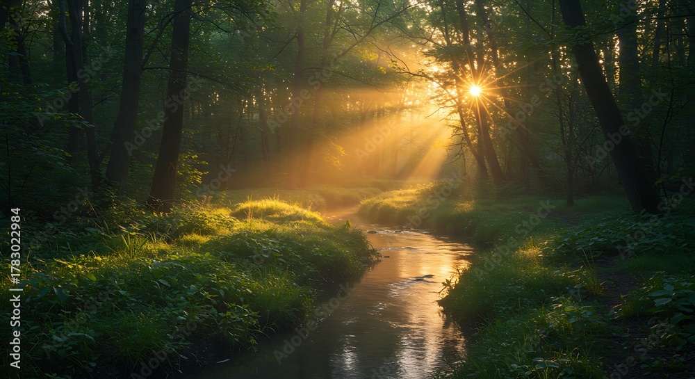 Obraz premium Sunlight streams through forest canopy illuminating a tranquil stream.