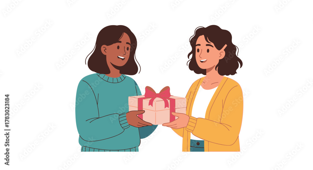 Fototapeta premium Two smiling women exchanging a beautifully wrapped pink gift box with a red ribbon.