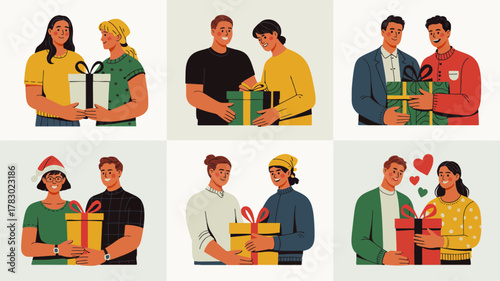 Illustrations of diverse couples exchanging and holding gift boxes for various celebrations and special occasions.
