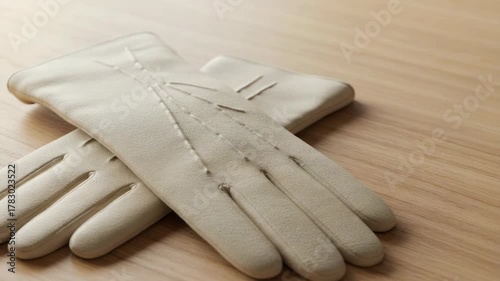 Pair of neutral toned leather gloves on wood surface