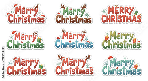 A collection of nine festive "Merry Christmas" text designs, each with unique colors, fonts, and holiday-themed embellishments.